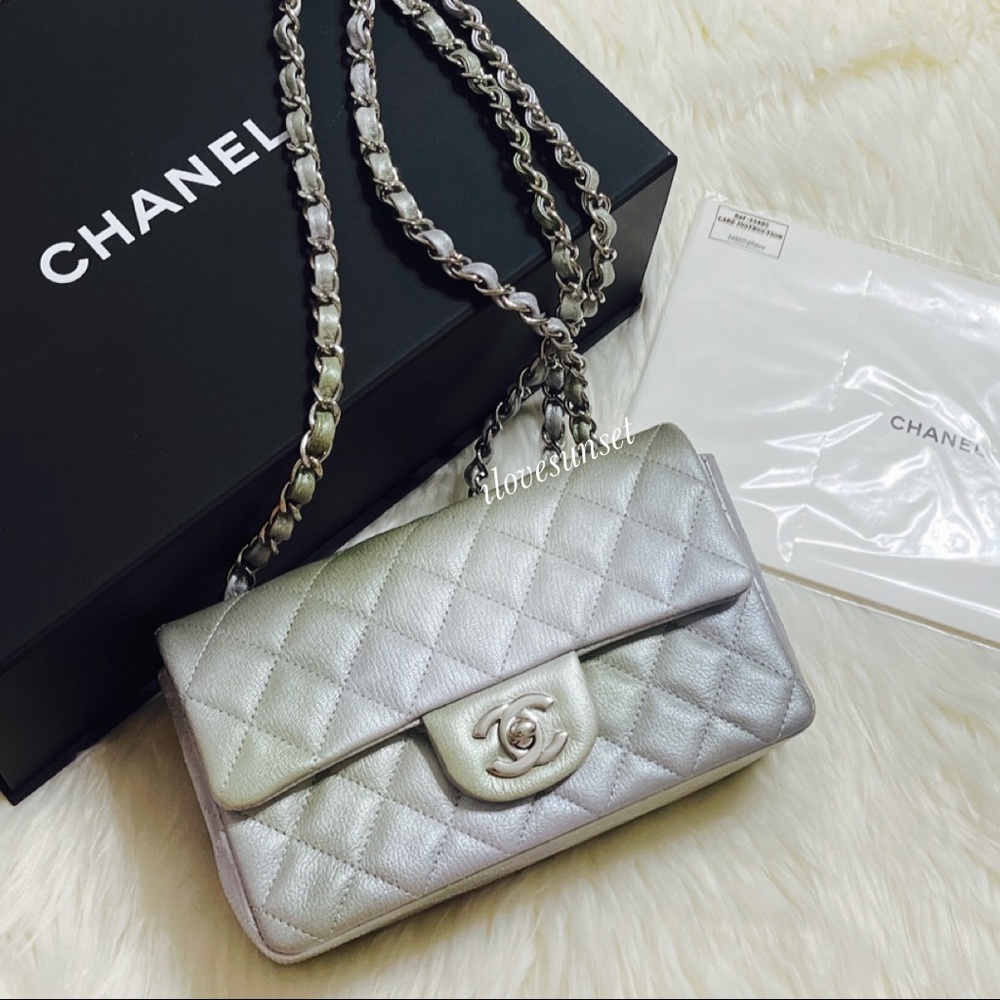 {CHANEL} Metallic Goatskin Quilted Mini Rectangular Flap Grey Green - Picture 7 of 10